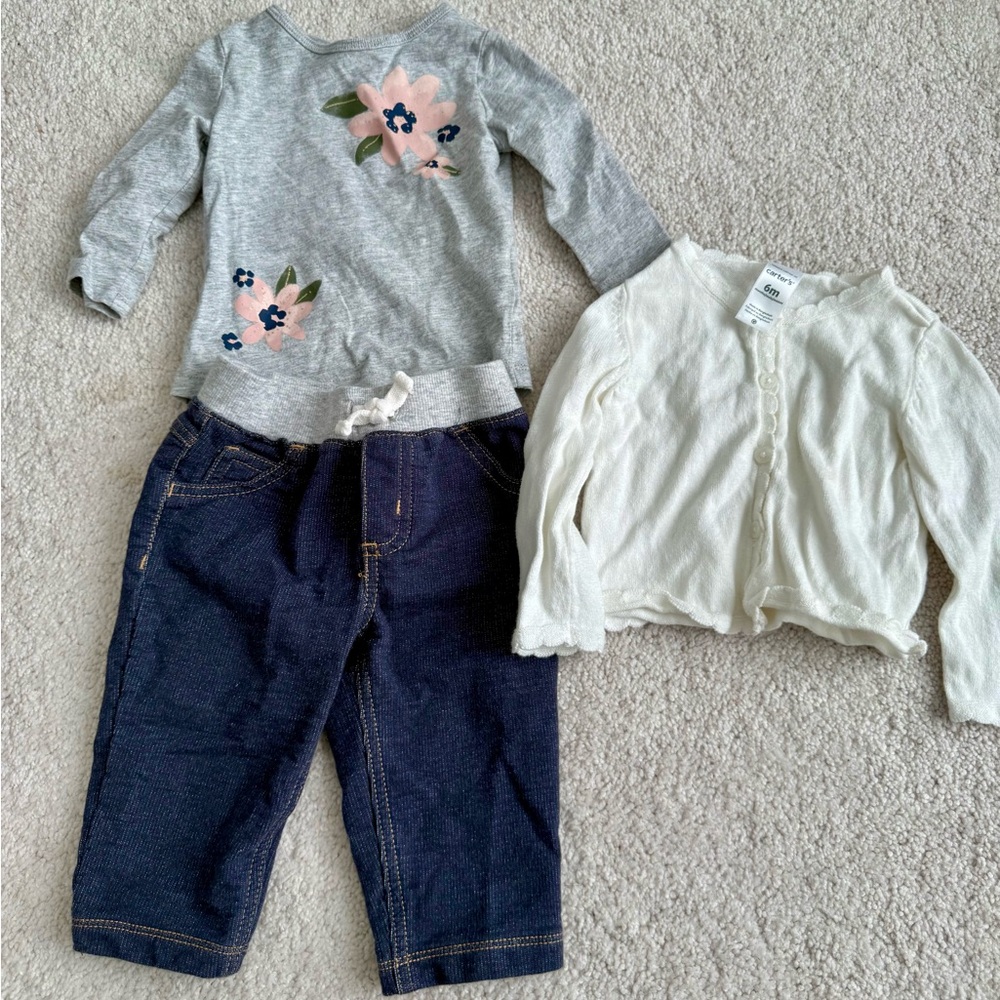 Carter's Gray Floral Top and White Cardigan Set